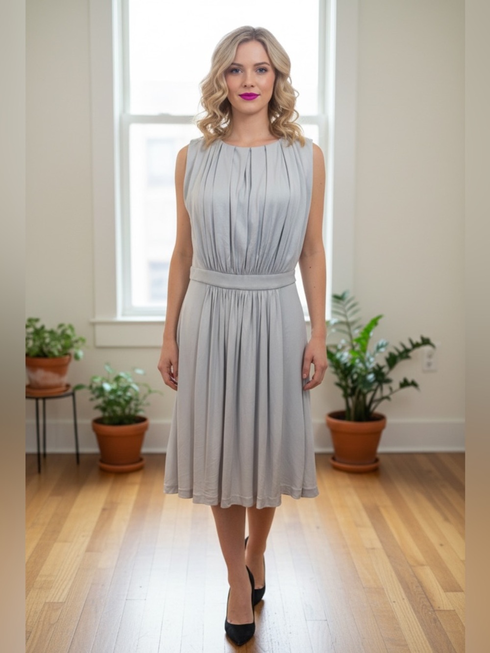 Fendi Sleeveless Pleated Midi Dress in Light Gray